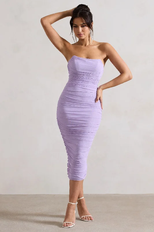 Nylah | Lilac Ruched Corset Bodycon Midi Dress Sleeveless midi dresses