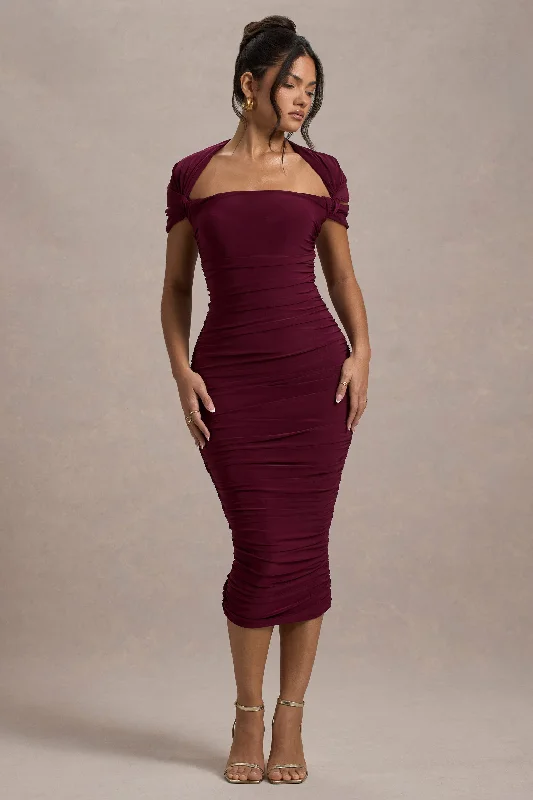 Paxos | Burgundy Ruched Short-Sleeve Midi Dress Knitted midi dresses