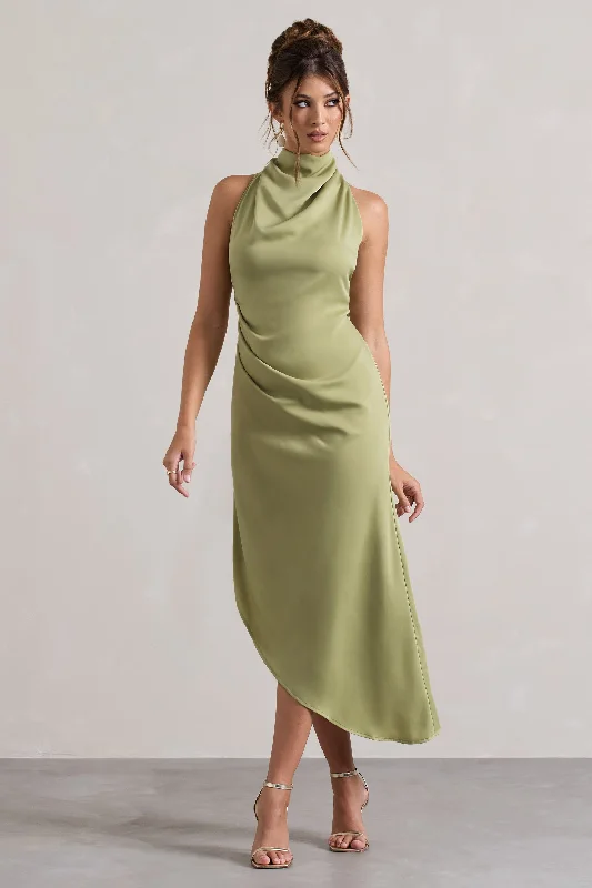 Sophina | Light Olive Satin Cowl-Neck Asymmetric Midi Dress PrettyLittleThing midi dresses