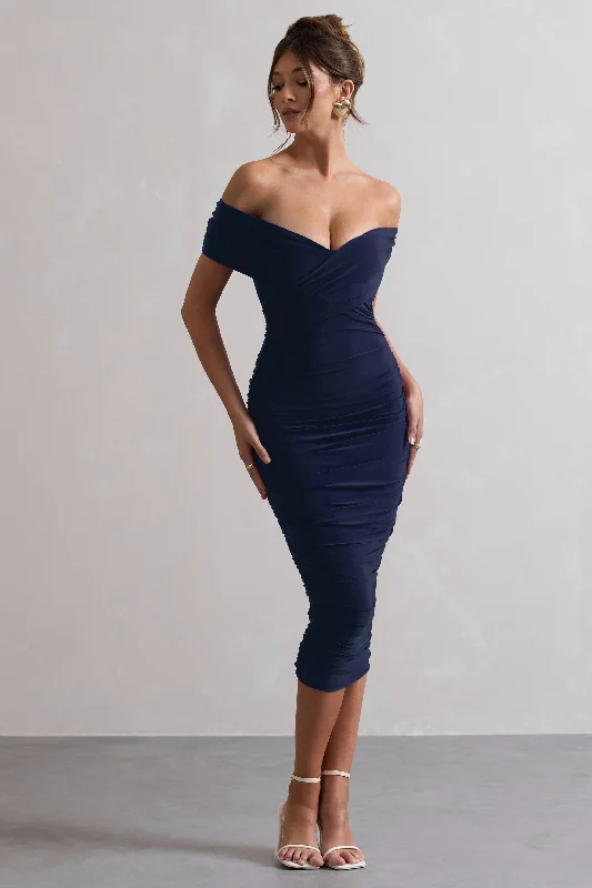 Unwrapped | Navy Ruched Twist Bardot Midi Dress Ruffled midi dresses