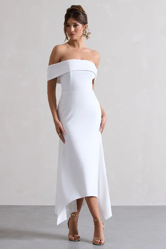 Windsor | White Bardot Midi Dress Flowy midi dresses