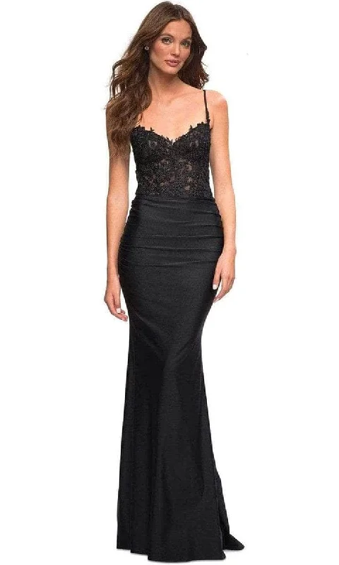 La Femme - 30521SC Lace Embroidered V-neck Evening Gown - 1 pc Navy In Size 4 Available Best party dresses for tall women